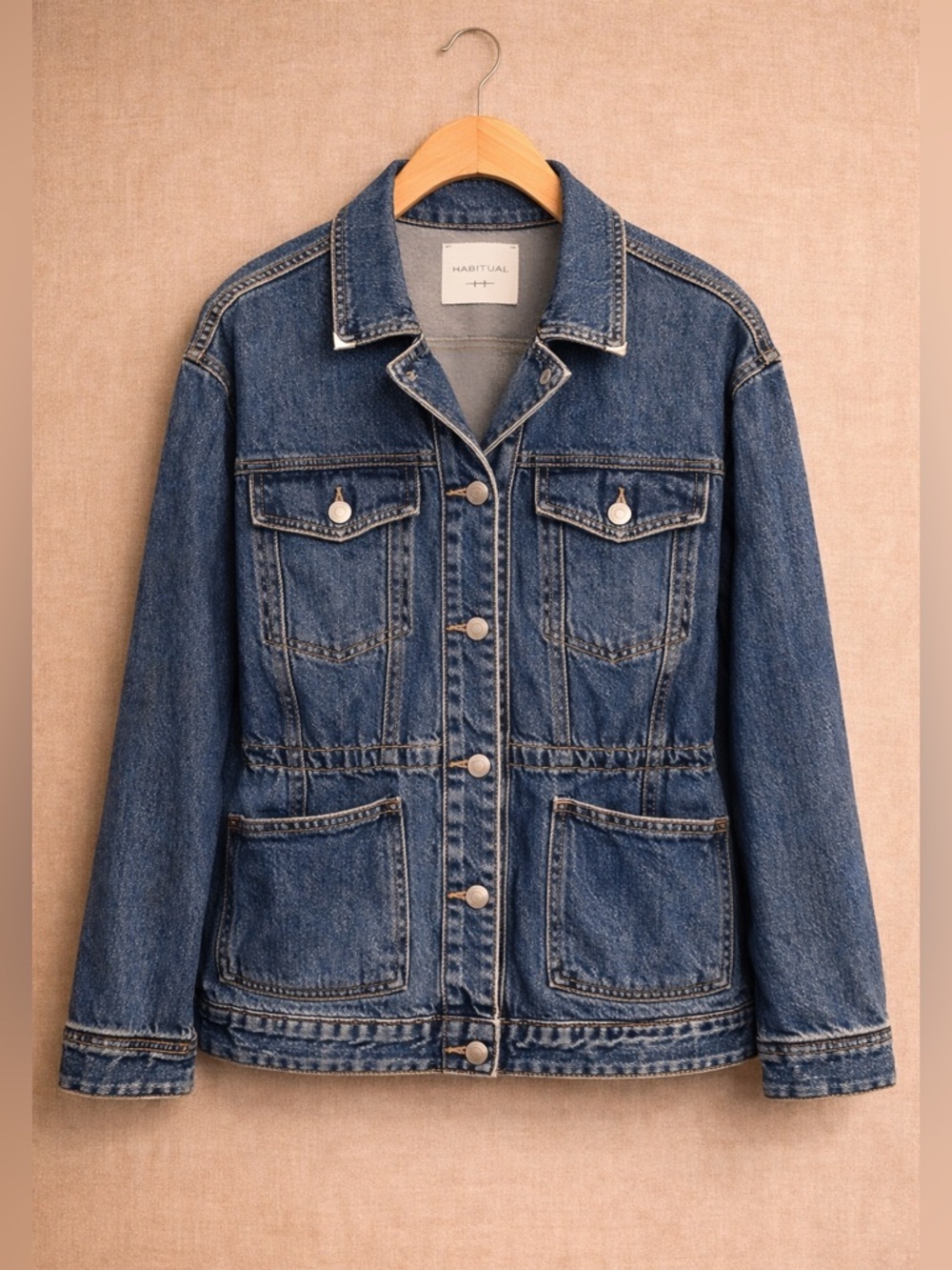 HABITUAL Denim Jacket Cinch Waist Balsam Wash Pleated Sleeve Western